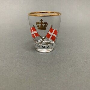 Shot Glass Danmark Flags Crown Clear Red Black Gold Trim Multicolor